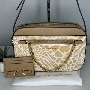 3pc MICHAEL KORS EW Crossbody Bag, Card Case Wallet in Camel + Dust Bag NWT